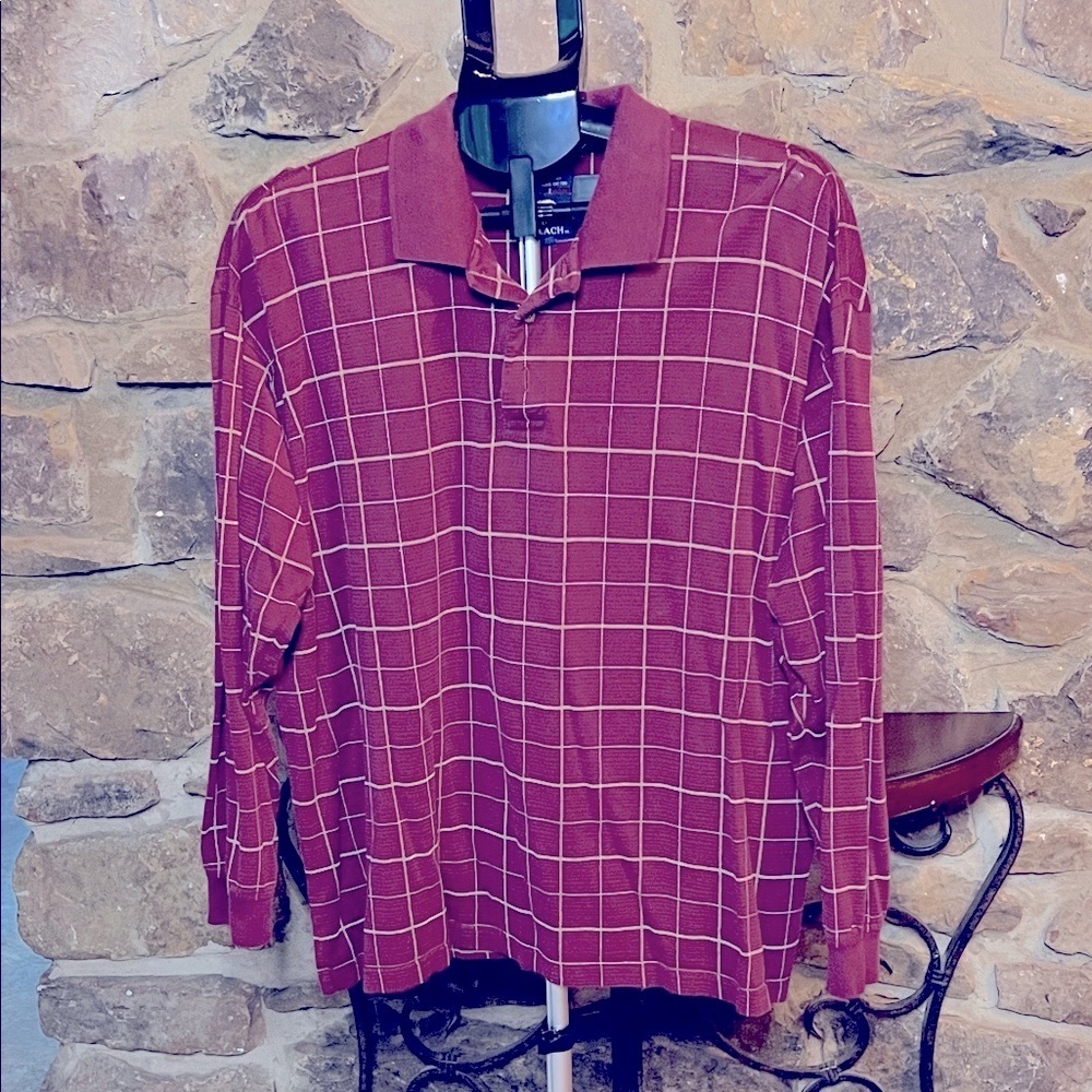 Pebble Beach Size Large Burgundy White Plaid Long Sleeve Men’s Golf Shirt